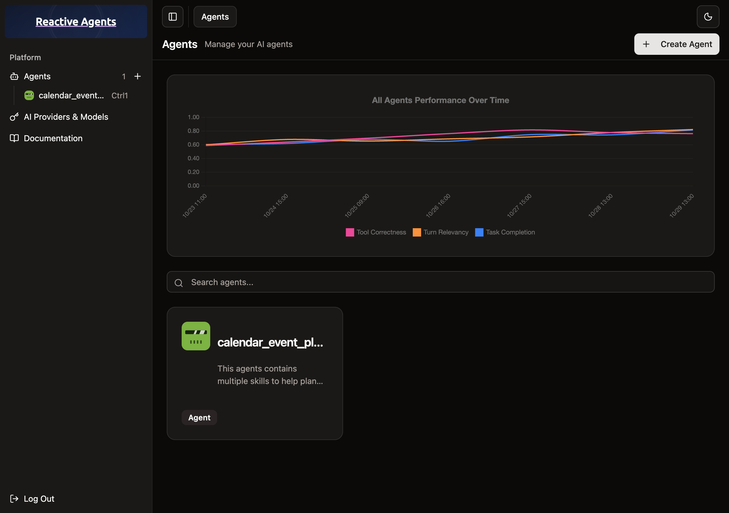 Reactive Agents Dashboard Screenshot